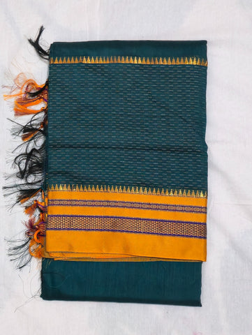 Handloom Pure Cotton Silk Satin Skirt Border Saree - Dark Teal