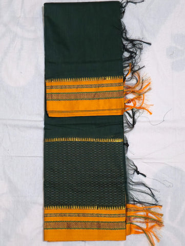 Handloom Pure Cotton Silk Satin Skirt Border Saree - Dark Green