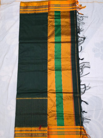 Handloom Pure Cotton Silk Satin Skirt Border Saree - Dark Green