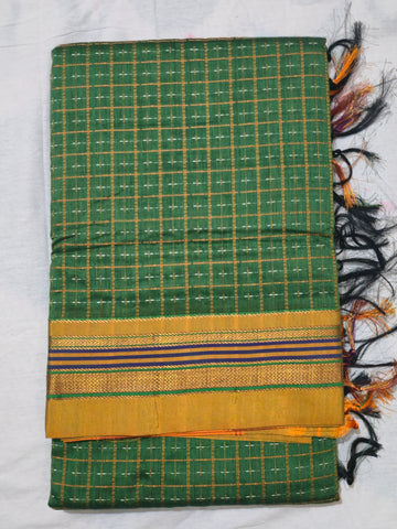Handloom Pure Cotton Half Inch Box Star Saree - Light Green
