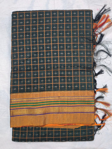 Handloom Pure Cotton Half Inch Box Star Saree - Dark Grey