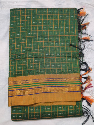 Handloom Pure Cotton Half Inch Box Star Saree - Light Green