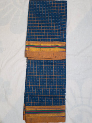 Handloom Pure Cotton Half Inch Box Star Saree - Blue