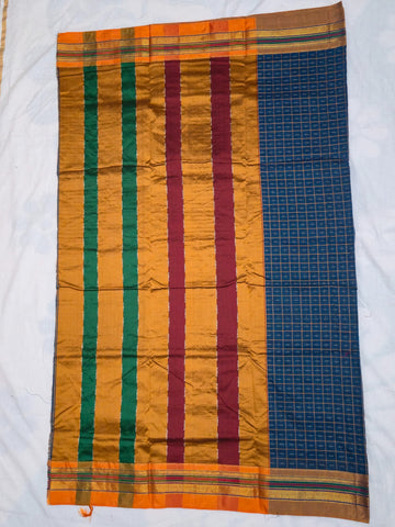 Handloom Pure Cotton Half Inch Box Star Saree - Blue
