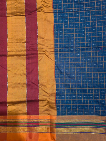 Handloom Pure Cotton Half Inch Box Star Saree - Blue