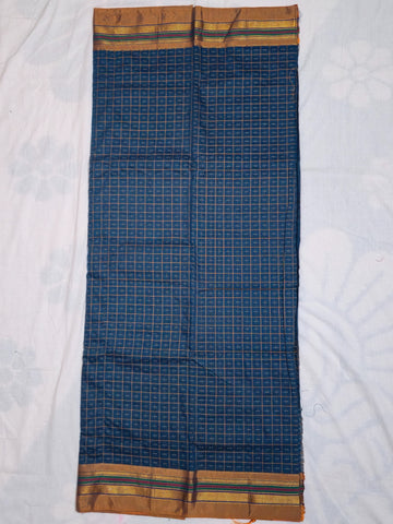 Handloom Pure Cotton Half Inch Box Star Saree - Blue