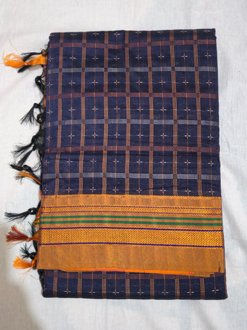 Handloom Pure Cotton 1 Inch Box Star Saree – Navy Blue