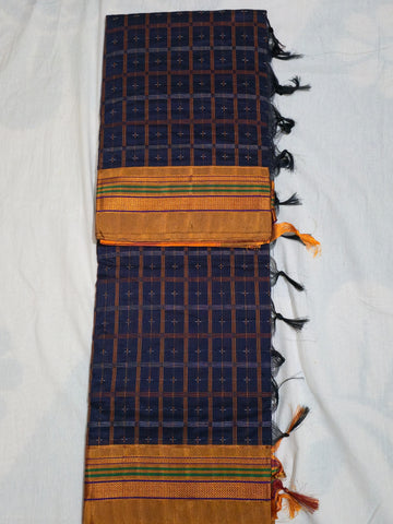 Handloom Pure Cotton 1 Inch Box Star Saree – Navy Blue