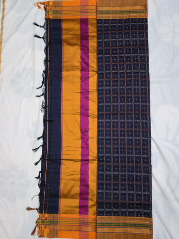 Handloom Pure Cotton 1 Inch Box Star Saree – Navy Blue