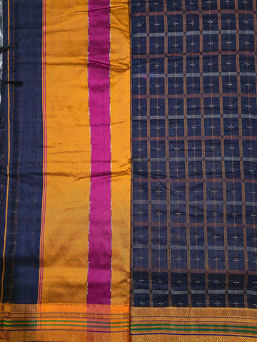 Handloom Pure Cotton 1 Inch Box Star Saree – Navy Blue