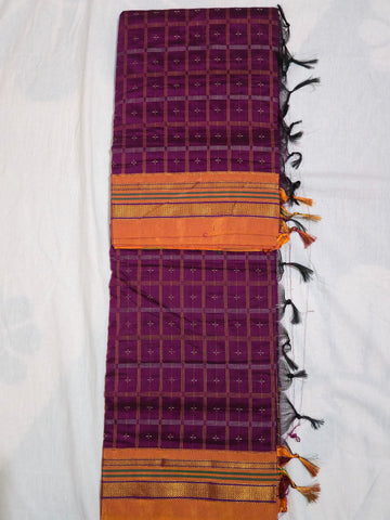 Handloom Pure Cotton 1 Inch Box Star Saree – Magenta Purple