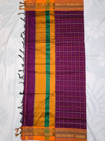 Handloom Pure Cotton 1 Inch Box Star Saree – Magenta Purple