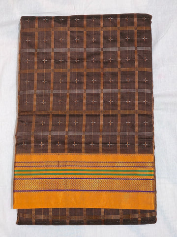 Handloom Pure Cotton 1 Inch Box Star Saree – Dark Brown
