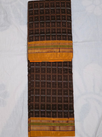 Handloom Pure Cotton 1 Inch Box Star Saree – Dark Brown