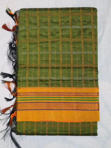 Handloom Pure Cotton 1 Inch Box Star Saree – Olive Green