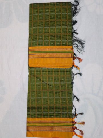 Handloom Pure Cotton 1 Inch Box Star Saree – Olive Green