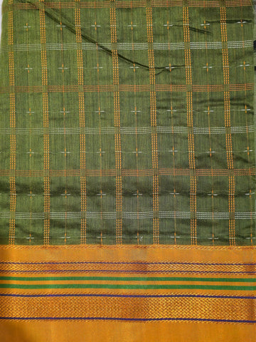 Handloom Pure Cotton 1 Inch Box Star Saree – Olive Green