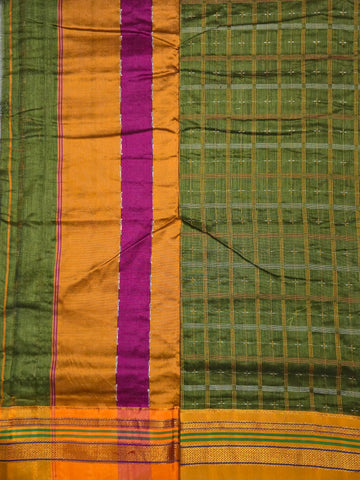 Handloom Pure Cotton 1 Inch Box Star Saree – Olive Green