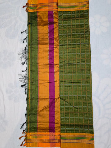 Handloom Pure Cotton 1 Inch Box Star Saree – Olive Green