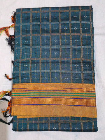 Handloom Pure Cotton 1 Inch Box Star Saree – Peacock Blue