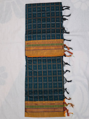 Handloom Pure Cotton 1 Inch Box Star Saree – Peacock Blue