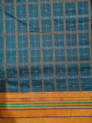 Handloom Pure Cotton 1 Inch Box Star Saree – Peacock Blue