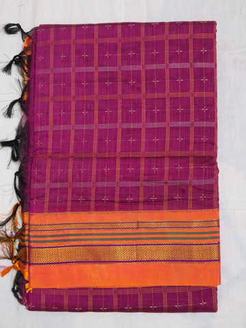 Handloom Pure Cotton 1 Inch Box Star Saree – Purple