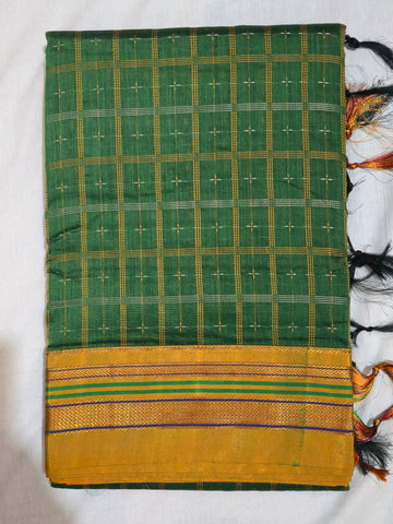 Handloom Pure Cotton 1 Inch Box Star Saree – Bottle Green