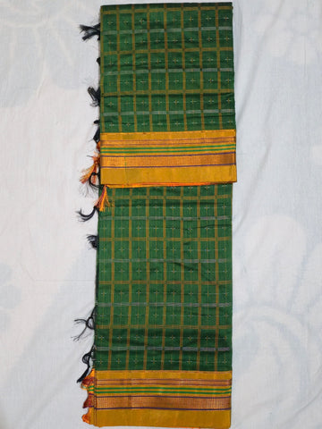 Handloom Pure Cotton 1 Inch Box Star Saree – Bottle Green