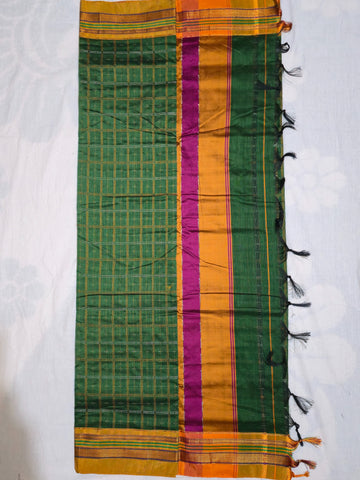 Handloom Pure Cotton 1 Inch Box Star Saree – Bottle Green