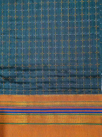 Handloom Cotton Silk Star Pattern Zeri Border Saree - Dark Green