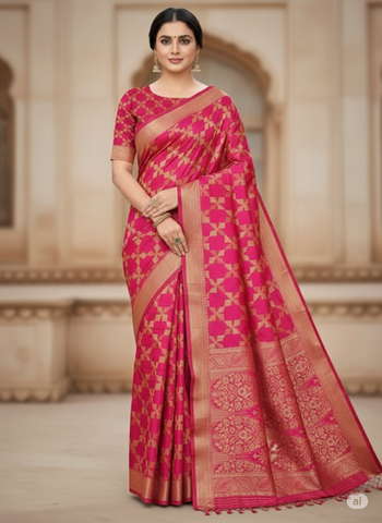 Banarasi Crystal Soft Silk Saree - Bright Pink