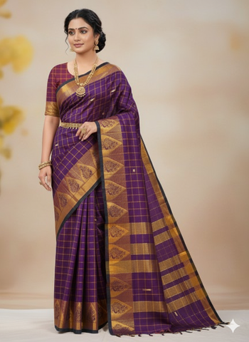 Handloom Cotton Chettinad Sinduchecks Butta Saree - Purple