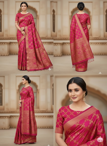 Banarasi Crystal Soft Silk Saree - Bright Pink