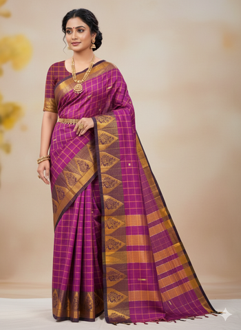 Handloom Cotton Chettinad Sinduchecks Butta Saree - Pink
