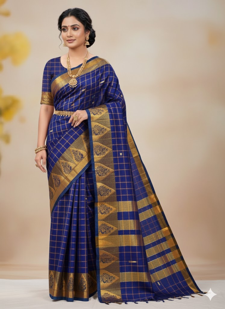 Handloom Cotton Chettinad Sinduchecks Butta Saree - Blue