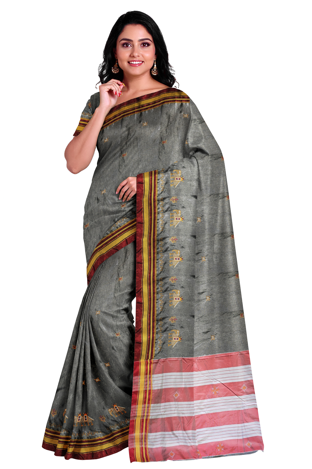 Handloom Cotton Silk Kasuti Work Ilkal Saree - Grey