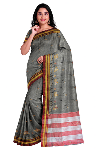 Handloom Cotton Silk Kasuti Work Ilkal Saree - Grey