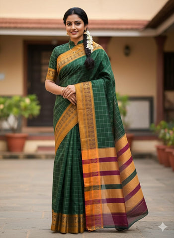 Handloom Cotton Silk Narayanpet Saree - Dark Green
