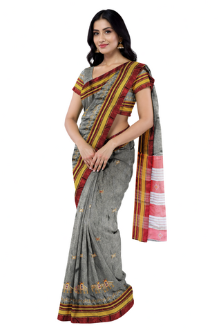 Handloom Cotton Silk Kasuti Work Ilkal Saree - Grey