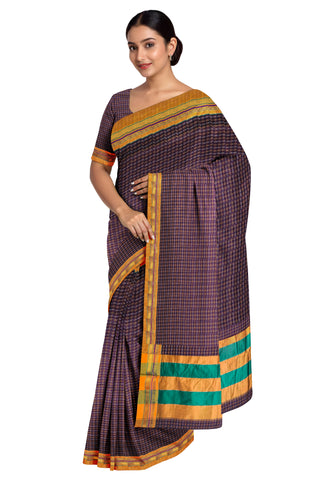 Handloom Pure Cotton Silk Diamond Star Zari Border Saree - Dark Purple