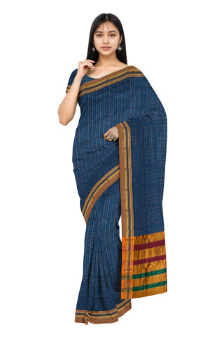 Handloom Pure Cotton Half Inch Box Star Saree - Blue