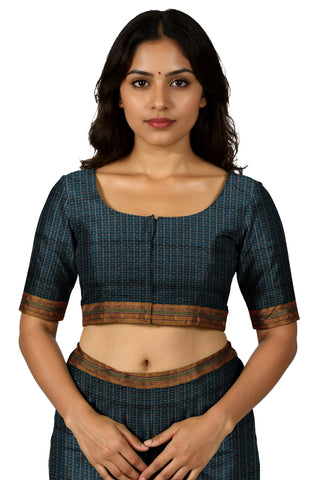 Handloom Pure Cotton Half Inch Box Star Saree - Dark Green