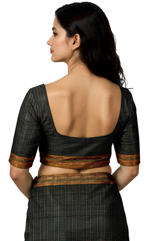 Handloom Pure Cotton Half Inch Box Star Saree - Dark Grey