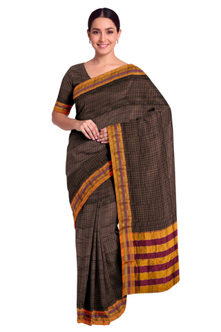 Handloom Cotton Silk Star Pattern Zeri Border Saree - Brown