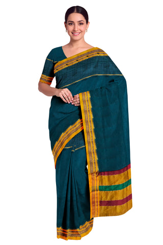 Handloom Pure Cotton Silk Satin Skirt Border Saree - Dark Teal