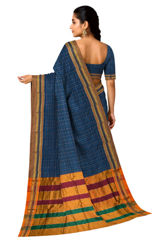 Handloom Pure Cotton Half Inch Box Star Saree - Blue