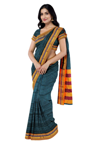 Handloom Cotton Silk Star Pattern Zeri Border Saree - Dark Green