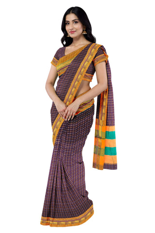 Handloom Pure Cotton Silk Diamond Star Zari Border Saree - Dark Purple