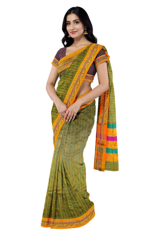 Handloom Pure Cotton Silk Diamond Star Zari Border - Green